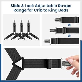 FeelAtHome Bed Sheet Straps – 4 Pack Adjustable Sheet Holder Clips to Keep Fitted Sheets in Place – Bed Sheet Fasteners for Corners – Fits Twin, Queen, and King Beds – Black