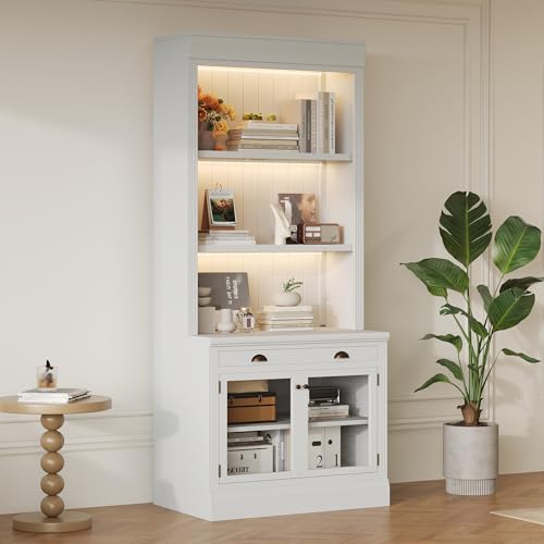 Image of Bookshelves and Bookcases with LED Floor Standing Display Storage Shelves,Open Shelves, 2 Glass Doors and 1 Drawer, 83.4 in Tall Bookcase for Home Office, Living Room, White