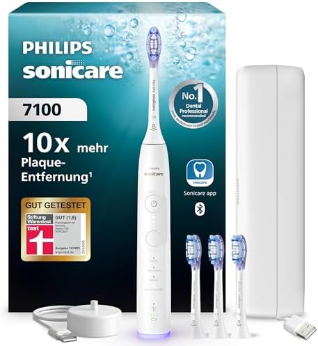 Philips Sonicare 7100 elektrische Zahnbürste, Schallzahnbürste mit App, 4 Putzmodi und 3 Intensitätsstufen, Andruckkontrolle, EasyStart, SmarTimer, Weiß, Modell HX7420/08 [Neue Tec