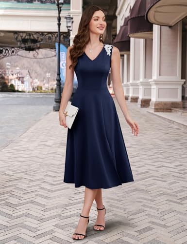 Image of Dressystar Sleeveless Cocktail Party Dress with Pocket 2025 Women V Neck Slit Tea Length Casual Dresses Work Wedding Guest