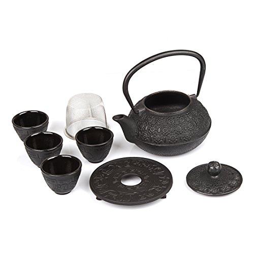 6 Piece Set Black Japanese Cast Iron Teapot(30 Oz /900 Ml) With 4 Tea Cups (2 Oz Each), Leaf Tea Infuser And Trivet. #TOP2