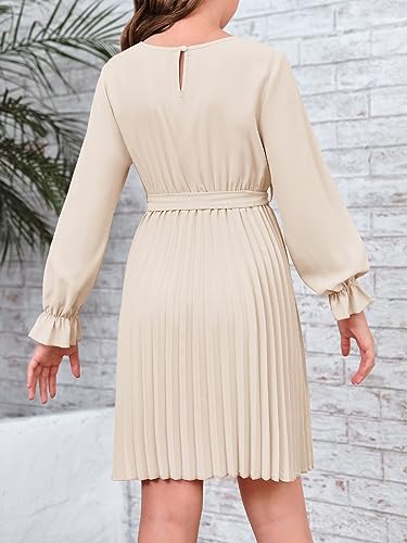 Foshow Girls Puff Long Sleeve Dresses Kids A Line Pleated Wrap Belt Crew Neck Flowy Holiday Midi Dress3