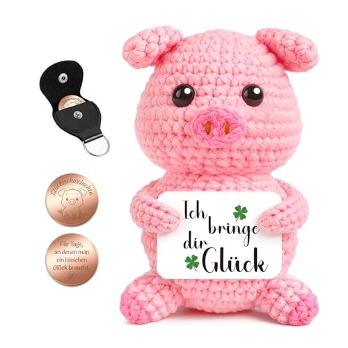 Giftota Glücksschweinchen Geschenk - Handgehäkelter Schwein mit Glücksmünze & Lederetui - Prüfung Operation Glücksbringer - Geschenkidee zum Geburtstag - Gute Besserung Geschenk für Män Frau