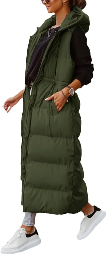Shanfetl Women's Long Quilted Vest Hooded Maxi Length Sleeveless Puffer Vest Padded Coat Winter Outerwear