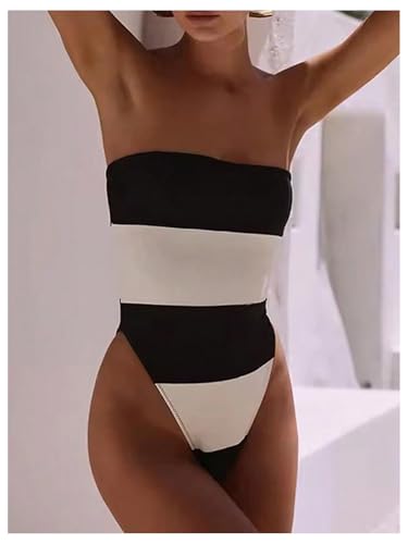 WDIRARA Women's One Piece Color Block Strapless Swimsuit High Cut Bandeau Bathing Suit2