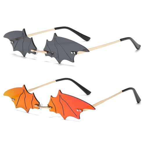Bat Sunglasses Goth Sunglasses for Women Men Funky Rimless Eye Glasses Halloween Party Glasses Vampire Accessories UV 400 Protection