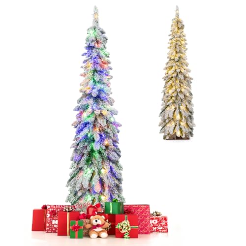COSTWAY 4 FT/5 FT Pre-Lit Artificial Christmas Tree, Snow-Flocked Slim Pencil Xmas Tree with LED Lights, 11 Lighting Modes and 225/334 Branch Tips, Xmas Holiday Office Home Party Decor (5 FT)