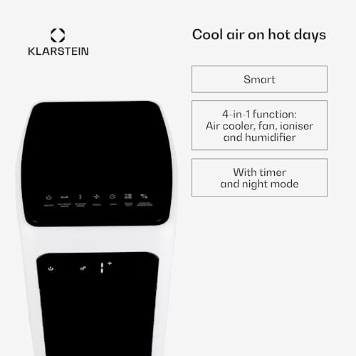 Klarstein Skytower Smart - chłodnica powietrza wentylator oczyszczacz powietrza nawilżacz powietrza, funkcja WLAN, sterowanie z aplikacji, przepustowość powietrza: 450 m³ / h, 60 W, biały