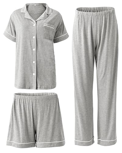 Image of Rnxrbb 3 Pieces Postpartum Nursing Pajamas Set Button up Maternity Breastfeeding Pjs Top Pants Sleepwear Clothes for Women,Light Gray S