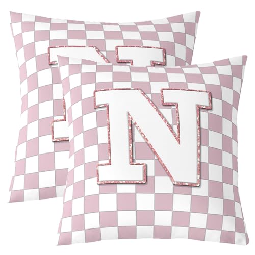 Image of Erosebridal Pink Initial N Throw Pillow Covers 18x18 Set of 2 Kawaii Plaid Checkered Cushion Cover Cute Personalized Monogram Throw Pillow Case for Bed Couch Sofa Fashion Grids Gingham Home Decor