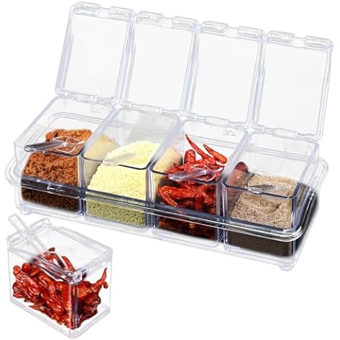 JLNGTHONG Clear Spice Containers, 4 Pieces Condiment Container with Lids for Salt Sugar, Acrylic Spice Rack Spice Container with Spoon Cover