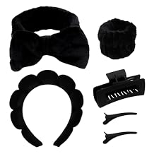 Spa Headband and Wristband Set with Hair Clips, Microfiber Skincare Headbands and Wristbands for Washing Face, Makeup Headbands Black