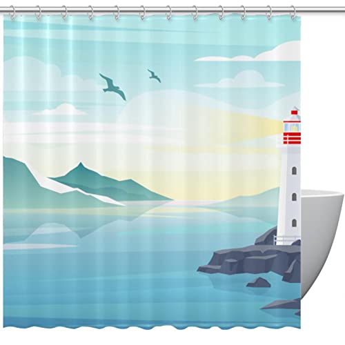 Rideau de douche lavable imperméable 152x182 cm avec 12 anneaux motif phare marin