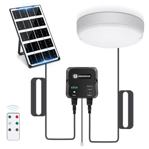 Aigostar Luz Solar Interior Exterior 35W Plafón LED Techo Solar con Caja de Almacenamiento de Energía, Mando a Distancia, IP65 Impermeable, Cable de 8m, Ajustable 6500K