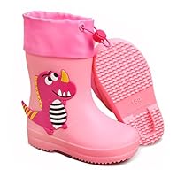 Kids Dinosaur Wellies Waterproof Drawstring Top Cuffs Lightweight Non Slip School Outdoor Hiking Rain Boots for Girls & Boys (2.5 Big Kids) Pink