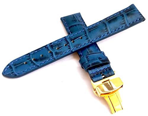 Image of 18mm 19mm 20mm 21mm 22mm 23mm 24mm Genuine Leather Butterfly Deployment Clasp Buckle Watch Band Strap Black Dark Brown TAN Blue Rose Black Gold White