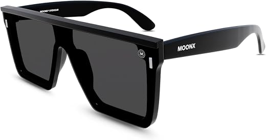 MOONX Trendsetter Polarised Rectangular Sunglasses for Men &amp; Women | Glossy Black TR90 Frame | Black Lens | Stylish Unisex...