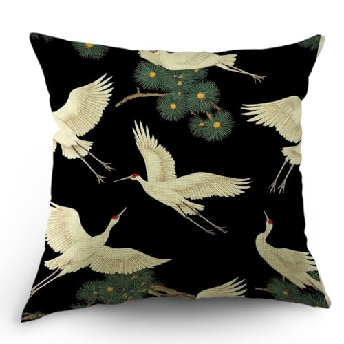 Moslion Throw Pillow Cover Japanese Bird Asian Dancing Oriental Crane Pine Tree Vintage Design Animal Square Pillow Case Cushion Cover for Home Car Decorative Cotton Linen 18x18 Inch