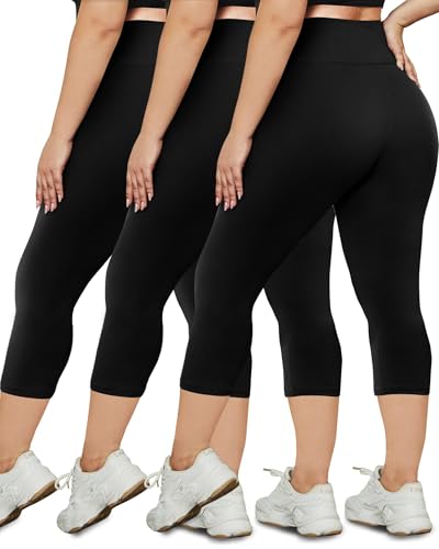 HLTPRO 3 Pack Plus Size Capri Leggings for Women(X-Large - 4X)- High Waist Stretchy Soft Pants for Workout Running Yoga Black/Black/Black