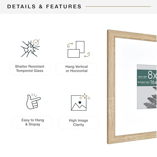 MCS Studio Gallery 16x16 Matted Photo Frame with 8x8 Picture Display, Natural Woodgrain Vertical & Horizontal Wall Hanging Large Picture Frame for Photos & Art Prints (1-Pack)