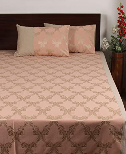 Image of Peach Self Design Double Cotton Jacquard Bedcover with 2 Pillow Covers, Pack of 1