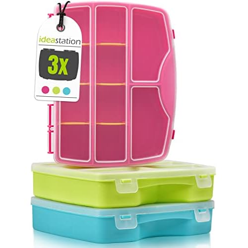 idea-station Sortierkasten 3 Stück / 19 x 15 cm - bunt - Organizer Box mit transparentem Deckel - Sortierboxen für Kleinteile, Bastel-Material, Bügelperlen, Schrauben, Spielzeug