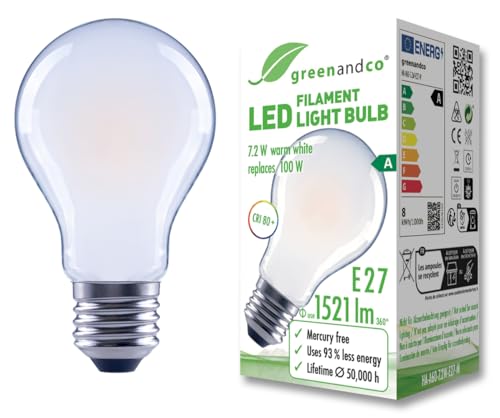 greenandco Lampadina a filamento LED | smerigliata | E27 A60 | 7,2 W 1521 lm | sostituisce 100 W | 3000 K bianco caldo | 320° | 230 V | senza sfarfallio | Classe energetica A | non dimmerabile