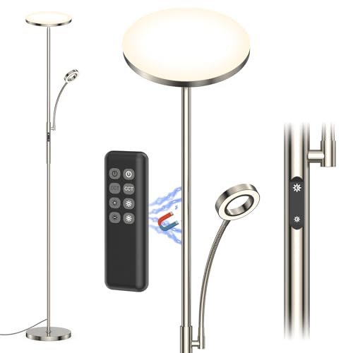 Amdelne Stehlampe LED Dimmbar, Modern Stehleuchte 30W mit flexibler 5W Leselampe, Silber Deckenfluter mit Fernbedienung, Standleuchte mit 4 Farbtemperatur f&uuml;r Wohnzimmer, Schlafzimmer, B&uuml;ro, Hotel