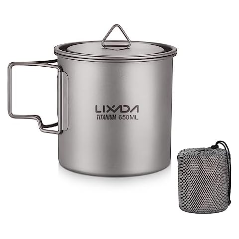 Lixada Titanium Pot, Lightweight Camping Pot Titanium Cup Titanium Backpacking Pot with Portable Foldable Handles for Outdoor Camping Hiking Backpacking Cover