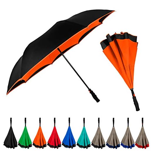 StrombergBrand Inversa Umbrella (Reversible Umbrella), Double Layer Inverted Umbrella For Women and Men, Large Umbrella Windproof - Self Standing Umbrella Reverse Close Orange Umbrella
