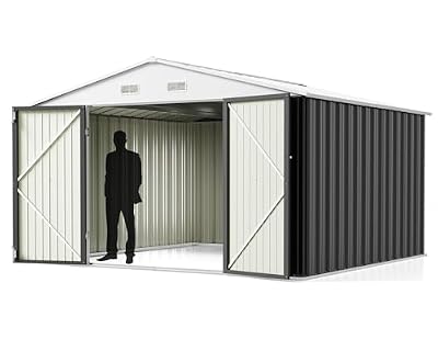 Greesum 10x10FT Outdoor Storage Shed, Utility Tool Shed Metal Storage Garden Shed with Door & Lock for Patio Storage, Gray