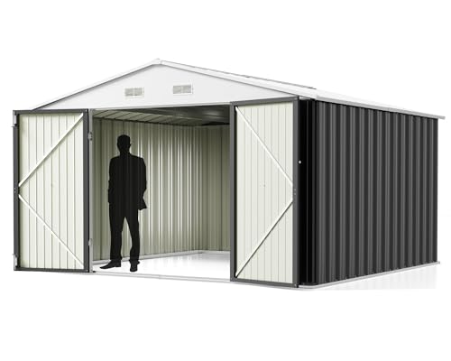 Image of Greesum 10x10FT Outdoor Storage Shed, Utility Tool Shed Metal Storage Shed with Door & Lock for Patio Storage, Garden, Lawn, Gray