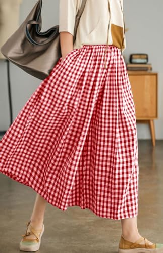Image of chouyatou Women's Cotton Linen Pants Elastic Waist Plaid Gingham Wide Leg Capri Palazzo Pants