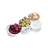 Singkasa 3-Compartment-Porcelain Appetizer Serving Tray, Triplet Bowl, Bowl Set - Great for Snacks, Dips – White – 9.5 Inch – 18 Ounce | set of 4