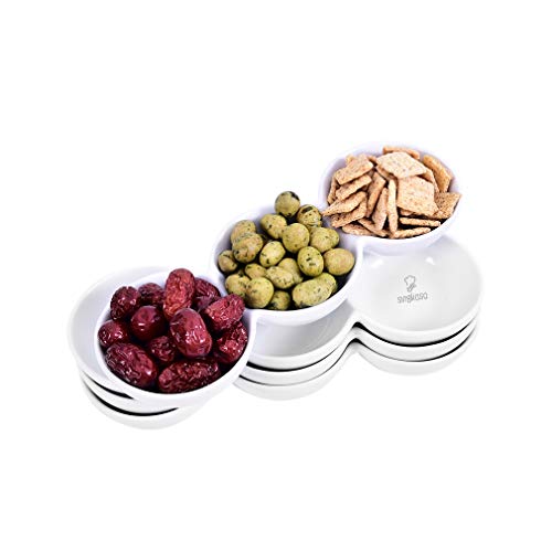 Singkasa 3-Compartment-Porcelain Appetizer Serving Tray, Triplet Bowl, Bowl Set - Great for Snacks, Dips – White –Small 9.5 Inch – 13.5 Ounce | set of 4