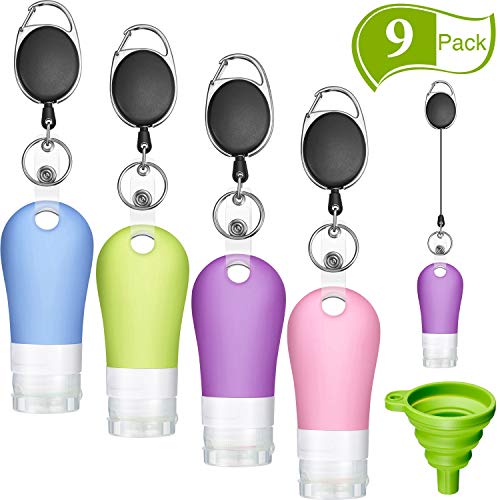 9 Pieces Silicone Travel Bottle Keychain Set, Includes 4 Portable Hand Bottle Container 2 oz Refillable Empty Bottles, 4 Retractable Badge Holders, and Collapsible Funnel for Outdoor Sports Travel