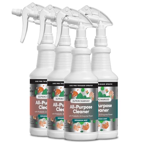 Image of Clean Revolution SuperCharged All Purpose Cleaner Refill with Smart Probiotic + Enzyme Complex, Multi-Surface Kitchen Bathroom & Floor Cleaner, Geranium Mint, 32 Fl Oz (Pack of 4)