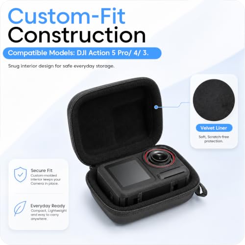 Image of Sounce Hard Carrying Case for DJI Osmo Action 5 Pro /4 /3, Waterproof PU Shell with Plush Lining, Shockproof Travel Storage Bag & Carabiner for Action Camera, 9.8 x 7.6 x 4.5cm (Black)