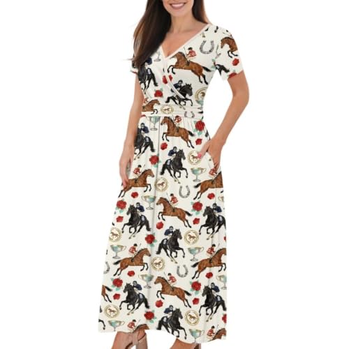 Image of Women's Fall Summer Short Sleeve Ankle Length V-Neck Party Dress with Pockets Size S-3XL