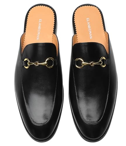 ELANROMAN Men's Loafers Backless Genuine Leather Mules Horse Buckle Shoes2