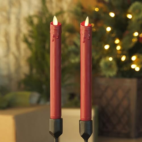 Image of Luminara Burgundy Set of 2 Wax Drip Flameless Candle Tapers (1 x 9.5 inch), Moving Flame LED Candle Unscented Real Wax with Dripped Top Timer Function, Table, Mantel, Holiday Decoration