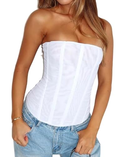 ensswliz Women Strapless Corset Top Y2k Vintage Back Zip Sheer Mesh Boned Bustier Tops Overbust Corset Top (A-White S)