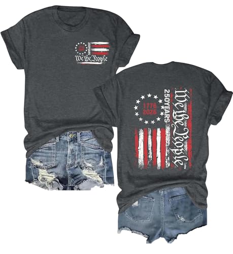 UYIQL July 4th Shirts for Women We The People 1776 T Shirt Short Sleeve Patriotic American Flag Graphic Tee Tops Dark Grey S