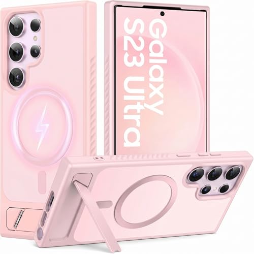 tlkawzy Magnetic Case for Samsung Galaxy S23 Ultra, [Compatible with MagSafe] with Invisible Stand, Military Grade Drop Protection, Shockproof Translucent Slim Cover, Pink - image 1
