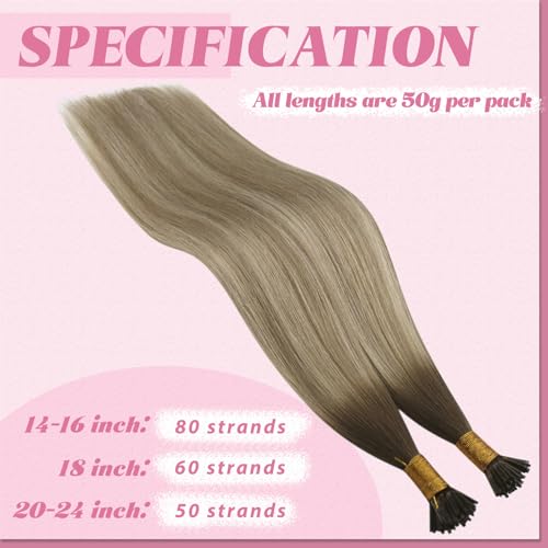 Image of YoungSee I Tip Hair Extensions Ombre Brown, Itip Hair Extensions, Ombre Dark Brown to Light Brown with Blonde, Hair Extensions Real Human Hair I Tip, 20 Inch 50 Strands 50g, for Wedding