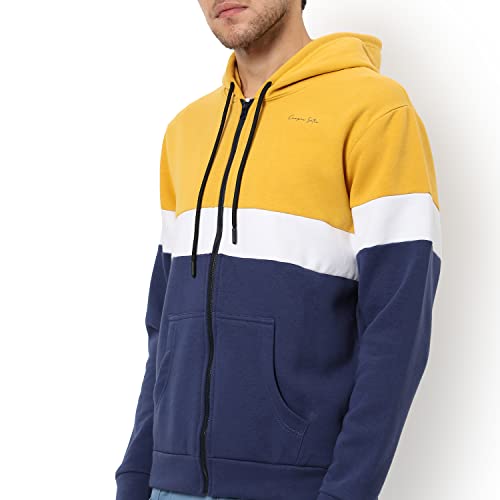 Image of CAHOOT Men's Dark Blue Zip-Front Hoodie with Contrast Drawstring for Casual Wear | Long Sleeve | Hooded Neck | Zipper Closure | Cotton Sweatshirt Crafted with Comfort Fit for Everyday Wear