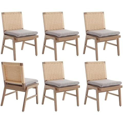 ROCITY Woven Dining Chairs Set of 6 Natural Wood Dining Room Chairs Linen Fabric Kitchen Chairs with Rattan Back Farmhouse Upholstered Wicker Side Chairs for Dining Room, Grey Cover