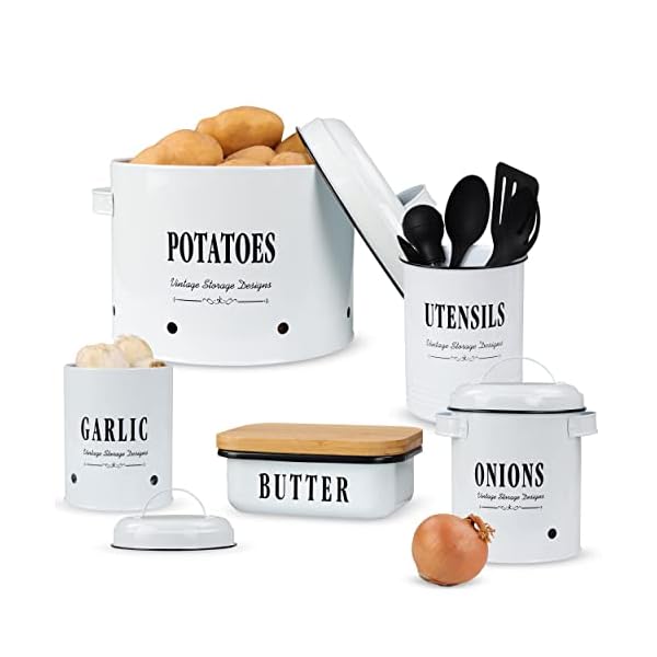 7Penn Kitchen Utensil Holder, Butter Dish with Lid, and Garlic Onion and Potato Storage Bins for Pantry - Metal Rustic Farmhouse Utensil Crock - Vegetable Storage Canister Keeper - 9 Piece White Set