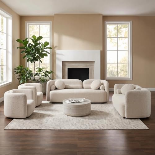 Image of 4 Piece Curved Couch Set for Living Room, Boucle Sofa & Loveseat Set with 2 Accent Chairs, Deep Seat Modern Living Room Furniture Set for Family Gathering, Open Concept Spaces, Home Office (Beige)