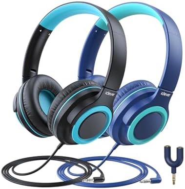 iClever HS22 Kopfhörer Kinder mit Sharing Splitter 2 Pack für Schule/Reisen | SafeSound Tech 3.0, Stereo-Sound, Faltbare, Tangle-Free, Komfortabel Over Ear Kinder Kopfhörer, Robust